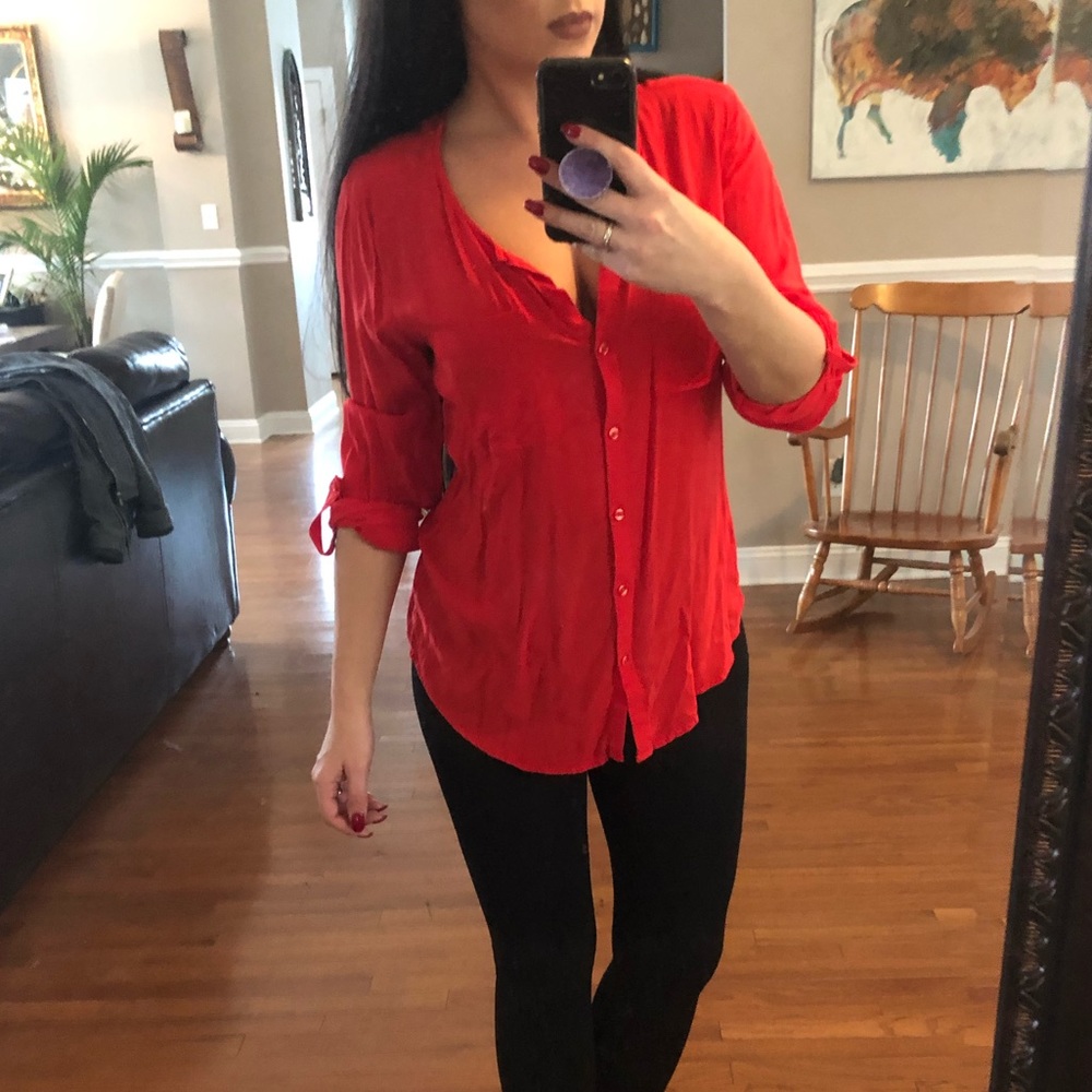 Red/orange button up shirt